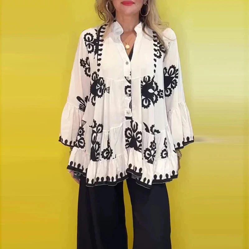 Ada Piemonte™ Luźna, marszczona bluzka w stylu boho z guzikami z przodu