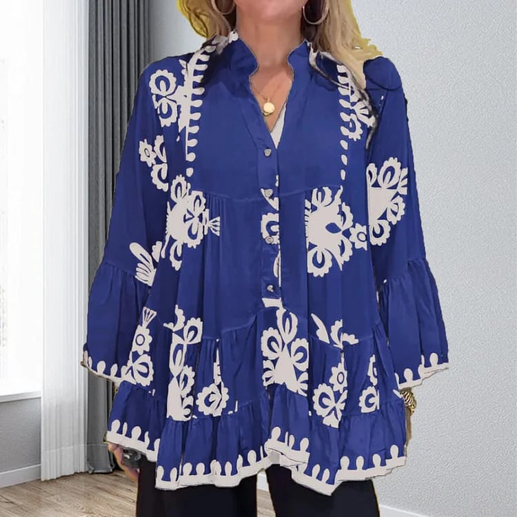 Ada Piemonte™ Luźna, marszczona bluzka w stylu boho z guzikami z przodu