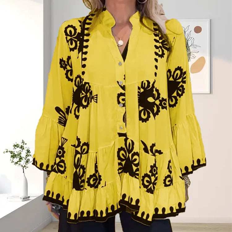 Ada Piemonte™ Luźna, marszczona bluzka w stylu boho z guzikami z przodu