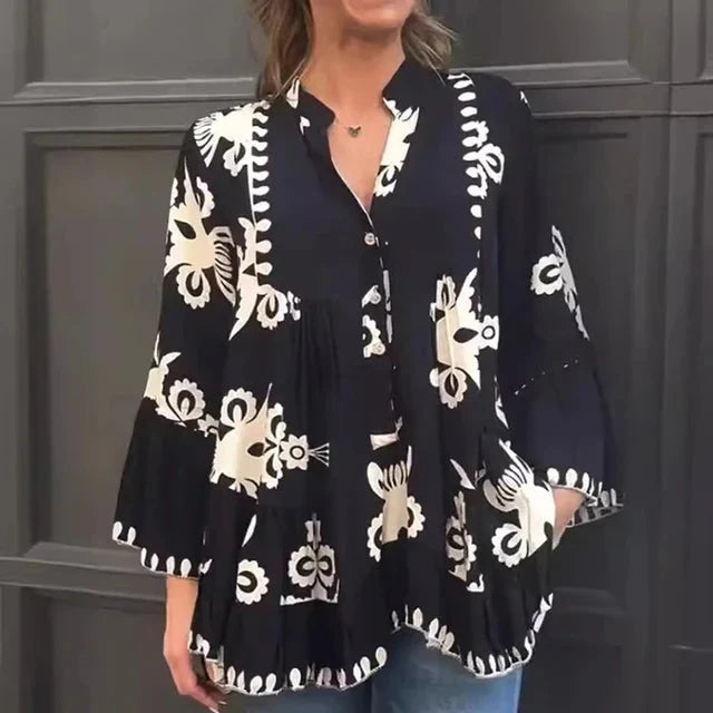 Ada Piemonte™ Luźna, marszczona bluzka w stylu boho z guzikami z przodu