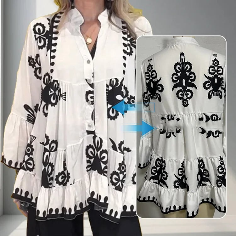 Ada Piemonte™ Luźna, marszczona bluzka w stylu boho z guzikami z przodu