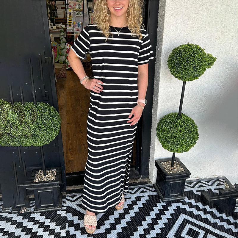 Juanita Carmen™ Damska sukienka T-shirtowa w paski z kieszeniami