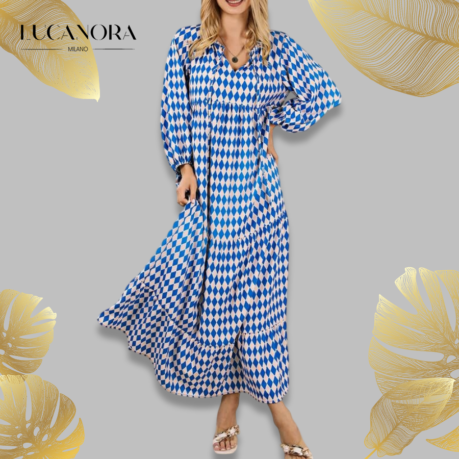 Miriam™ Geometryczna sukienka maxi w stylu boho z puffowymi rękawami