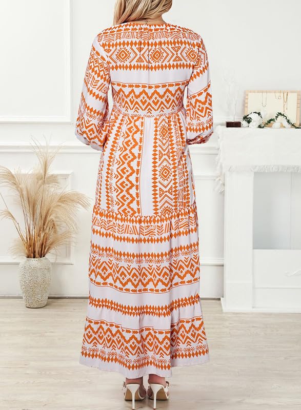 Miriam™ Geometryczna sukienka maxi w stylu boho z puffowymi rękawami