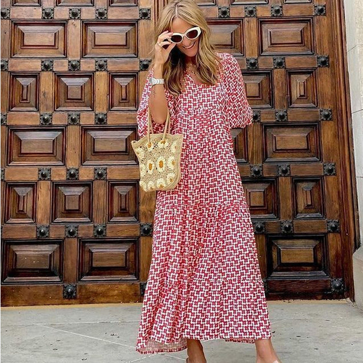 Miriam™ Geometryczna sukienka maxi w stylu boho z puffowymi rękawami