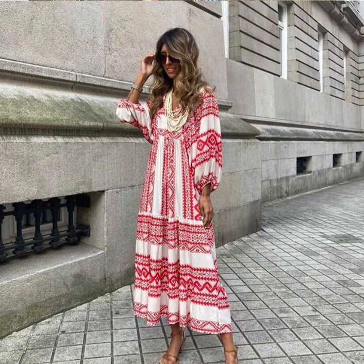 Miriam™ Geometryczna sukienka maxi w stylu boho z puffowymi rękawami