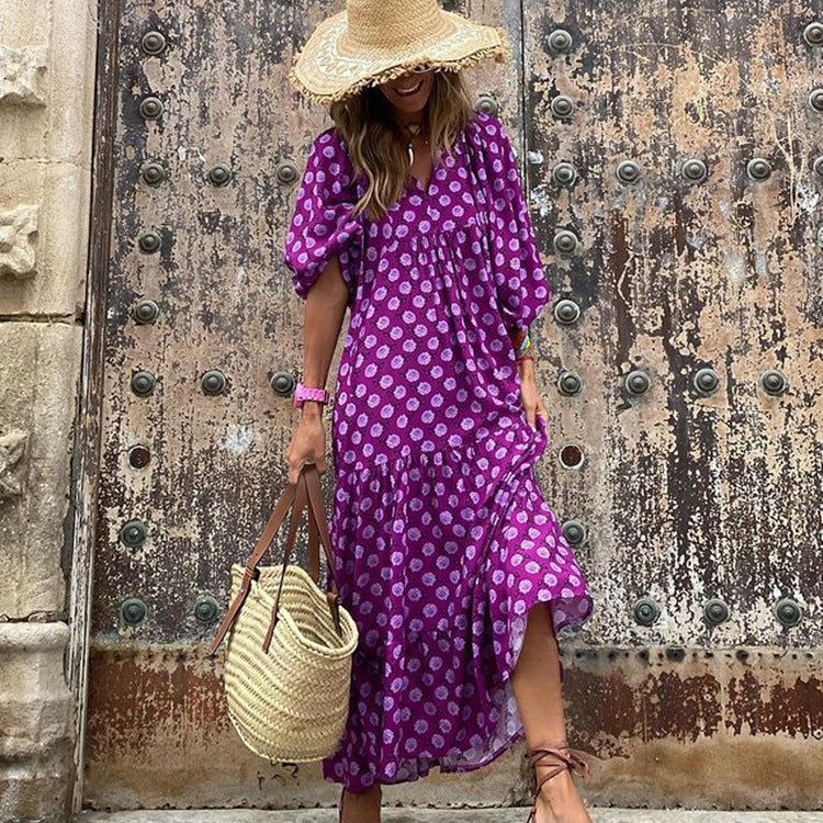 Miriam™ Geometryczna sukienka maxi w stylu boho z puffowymi rękawami