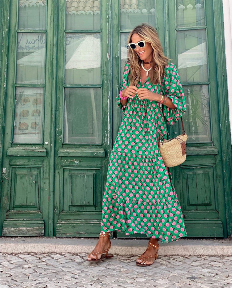 Miriam™ Geometryczna sukienka maxi w stylu boho z puffowymi rękawami