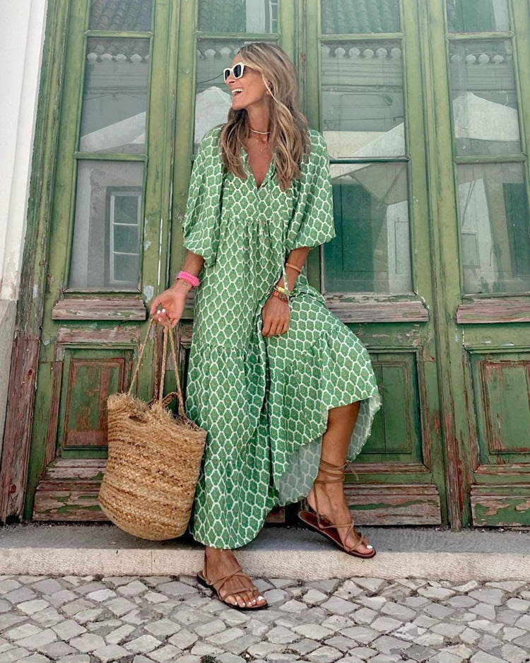 Miriam™ Geometryczna sukienka maxi w stylu boho z puffowymi rękawami