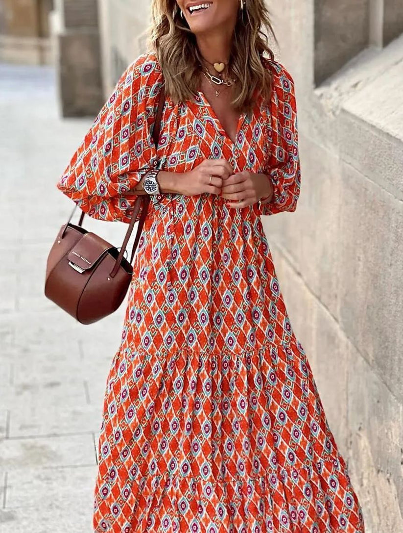 Miriam™ Geometryczna sukienka maxi w stylu boho z puffowymi rękawami
