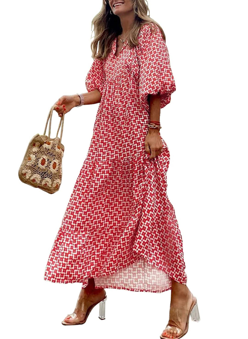 Miriam™ Geometryczna sukienka maxi w stylu boho z puffowymi rękawami