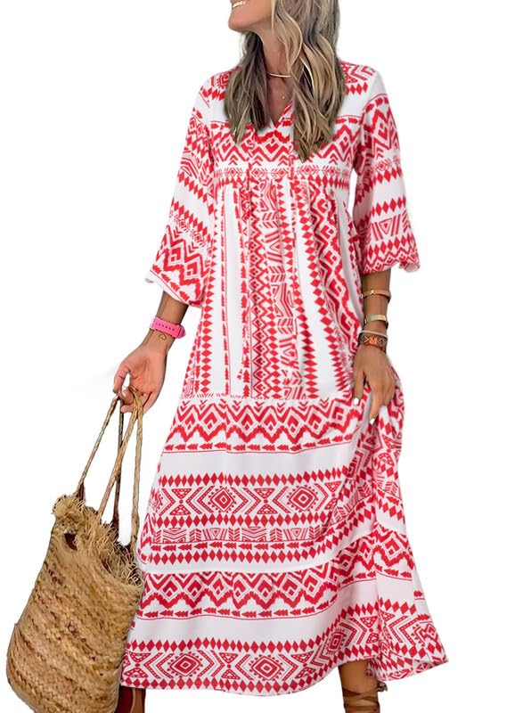 Miriam™ Geometryczna sukienka maxi w stylu boho z puffowymi rękawami