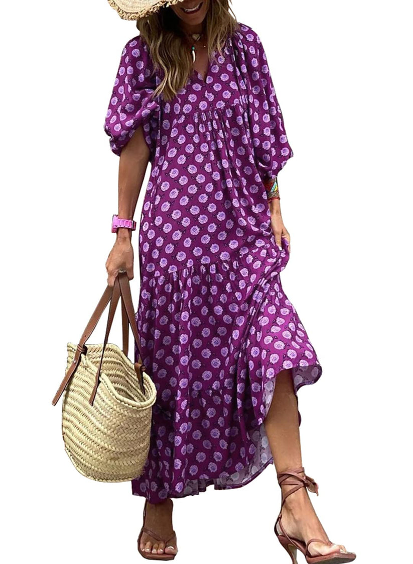 Miriam™ Geometryczna sukienka maxi w stylu boho z puffowymi rękawami