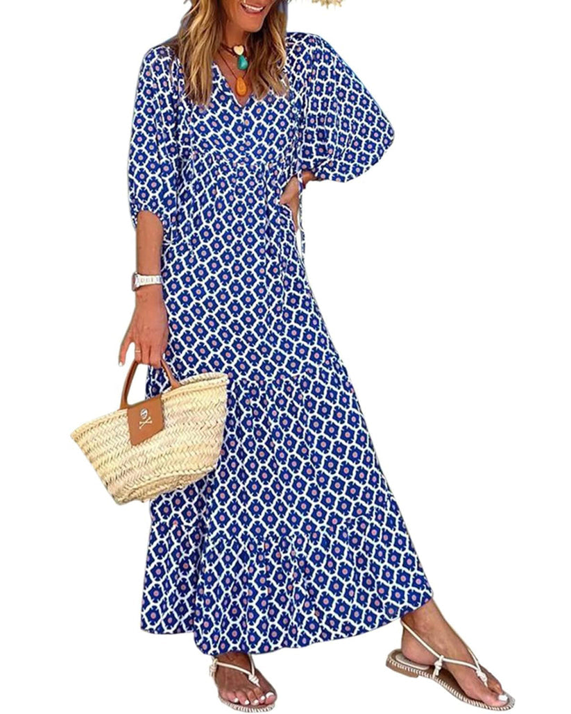 Miriam™ Geometryczna sukienka maxi w stylu boho z puffowymi rękawami