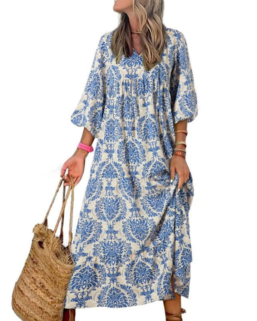 Miriam™ Geometryczna sukienka maxi w stylu boho z puffowymi rękawami