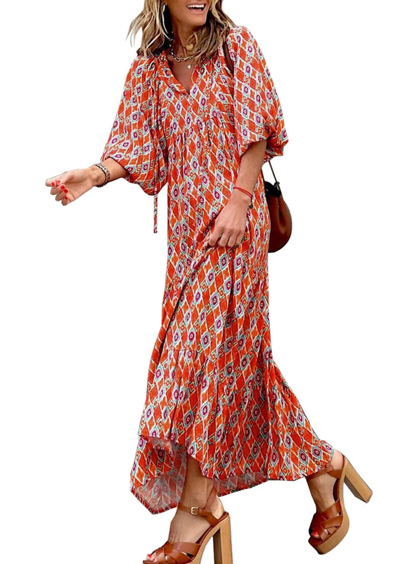 Miriam™ Geometryczna sukienka maxi w stylu boho z puffowymi rękawami
