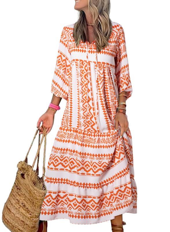 Miriam™ Geometryczna sukienka maxi w stylu boho z puffowymi rękawami