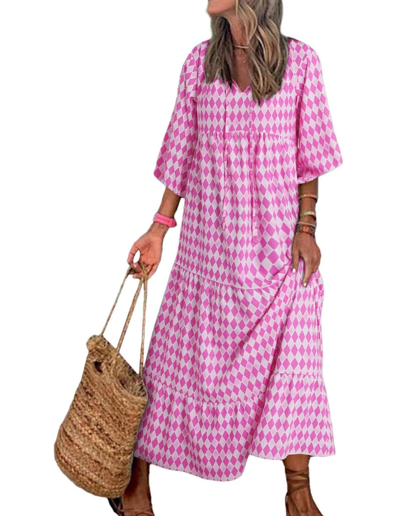 Miriam™ Geometryczna sukienka maxi w stylu boho z puffowymi rękawami