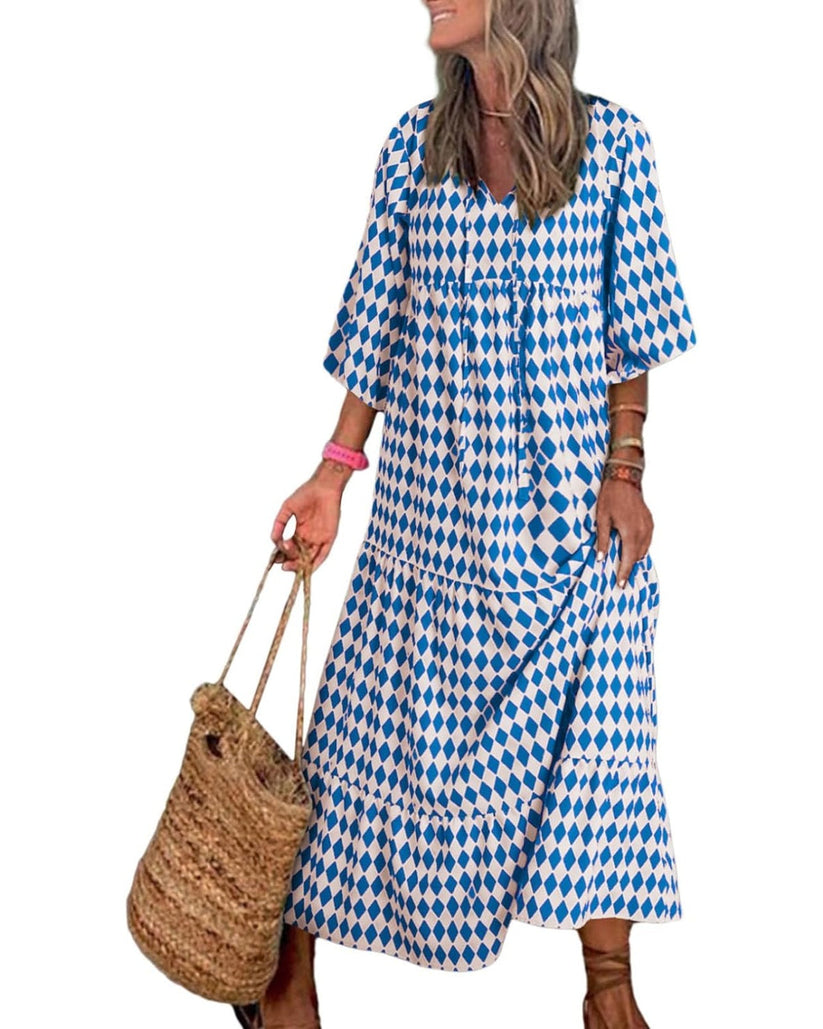 Miriam™ Geometryczna sukienka maxi w stylu boho z puffowymi rękawami