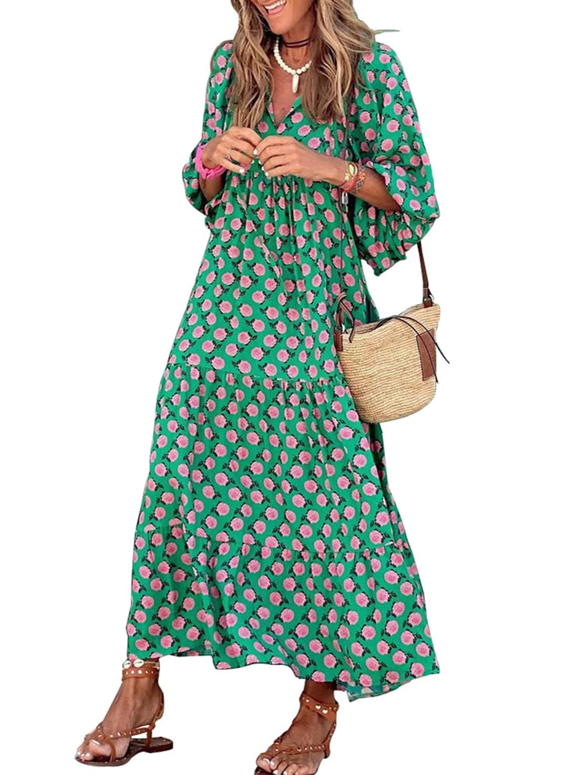 Miriam™ Geometryczna sukienka maxi w stylu boho z puffowymi rękawami