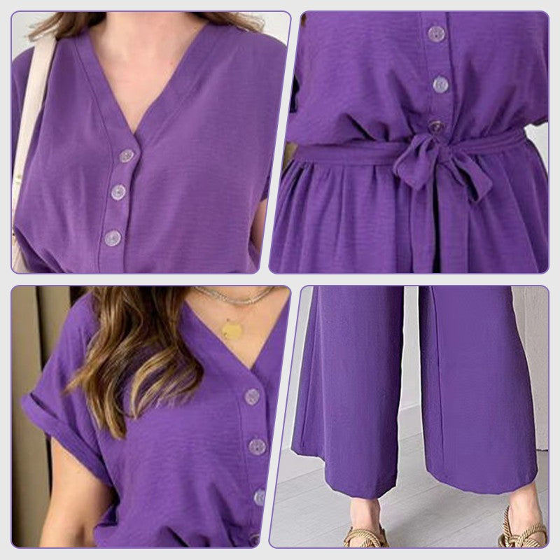 Paulette™ Swobodny kombinezon z krótkimi rękawami i dekoltem w szpic