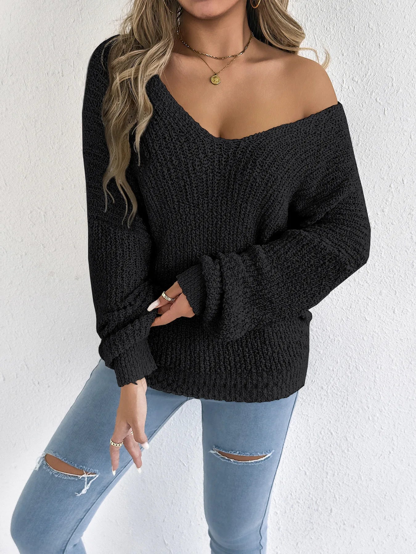 Adelasia Capraro™ Damski lekki sweter opadający na jedno ramię