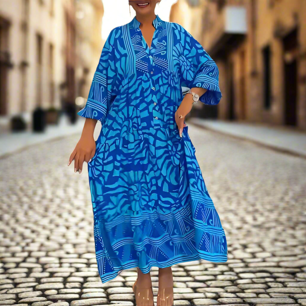 Caterina Tarro™ Damska luźna sukienka z dekoltem w serek i nadrukiem