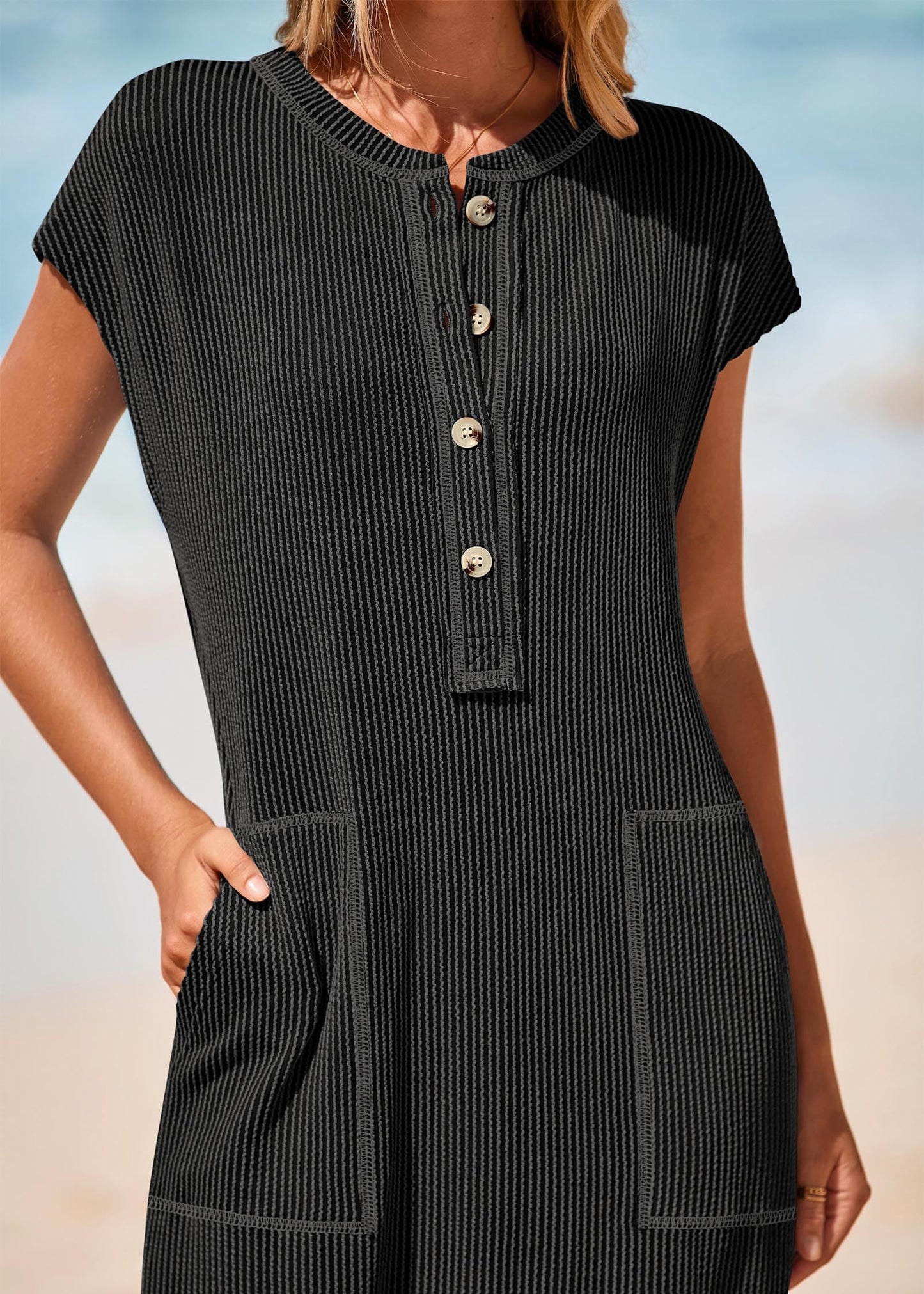 Guenda Manzo™ Sukienka dzianinowa maxi z krótkimi rękawami i guzikami