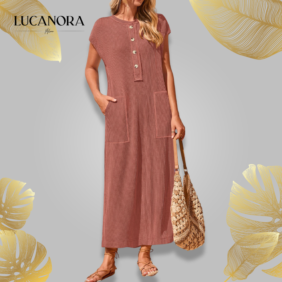 Guenda Manzo™ Sukienka dzianinowa maxi z krótkimi rękawami i guzikami