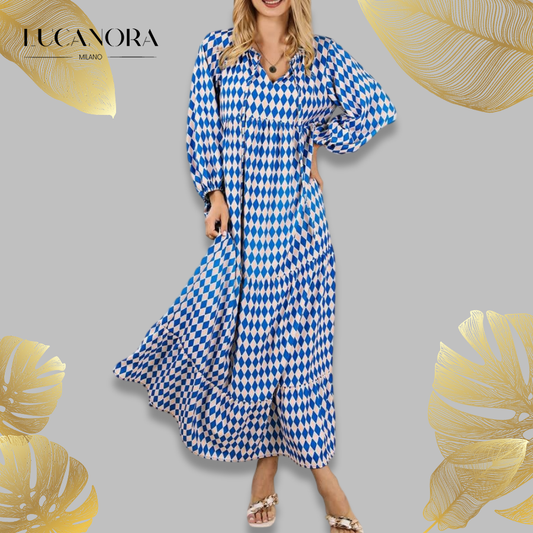 Miriam™ Geometryczna sukienka maxi w stylu boho z puffowymi rękawami