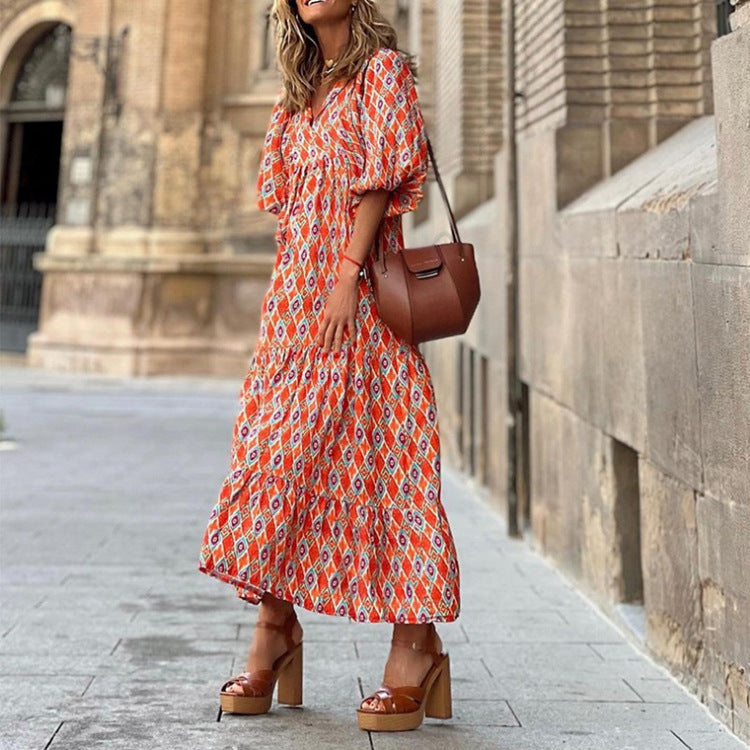 Miriam™ Geometryczna sukienka maxi w stylu boho z puffowymi rękawami