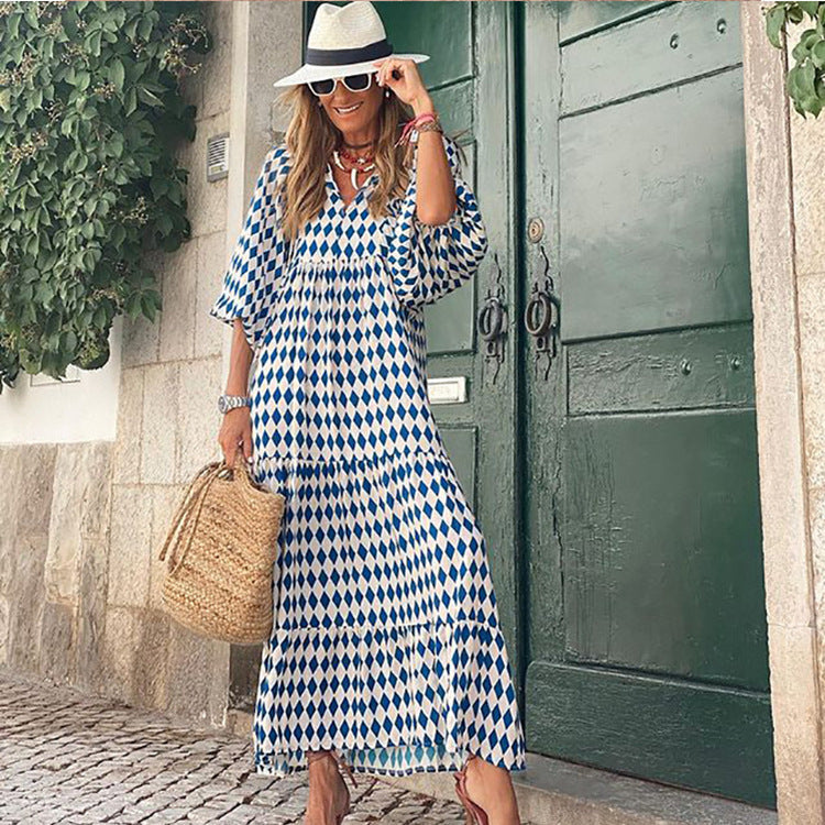 Miriam™ Geometryczna sukienka maxi w stylu boho z puffowymi rękawami