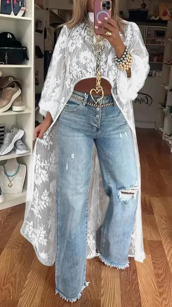 Adriana Morvetti Feminine Lace High-Low Top - content image of high-low hem comparison front and back