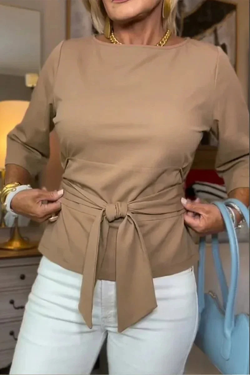 Brigida Tie-Waist Boat Neck 3/4 Sleeve Casual Blouse - main front view