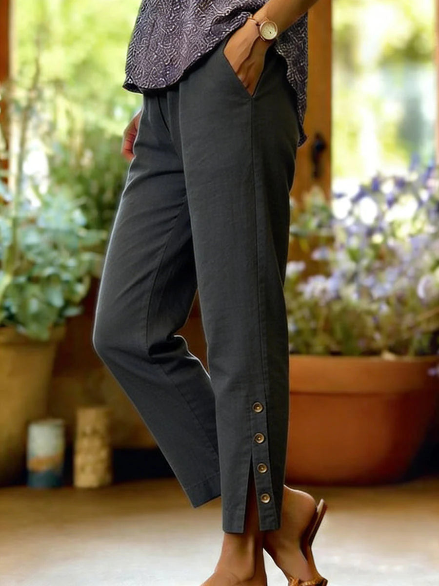 Clara Button Detail Ankle Trousers - close-up view of button detail at ankle hem