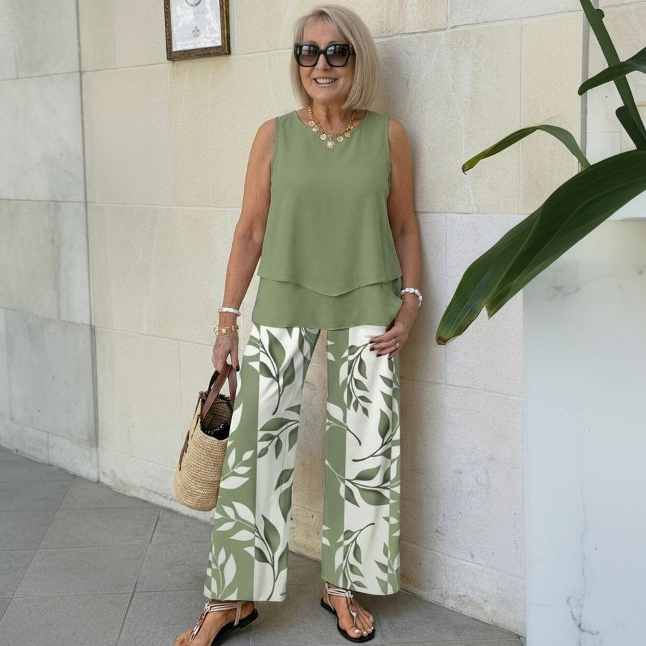 Elena Bertozzi Effortless Printed Matching Set - styled content image of printed pants and round neck top set