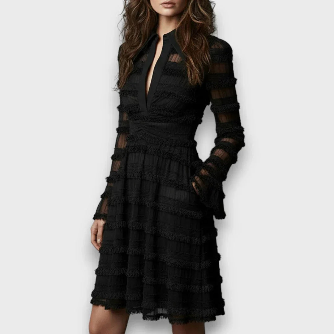 Laura Recanati™ Elegancka sukienka midi z frędzlami na dzień i wieczór