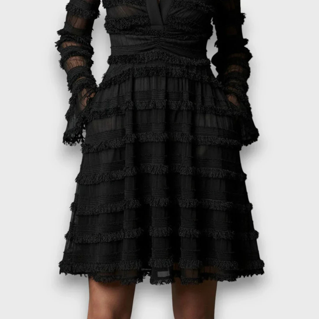 Laura Recanati™ Elegancka sukienka midi z frędzlami na dzień i wieczór