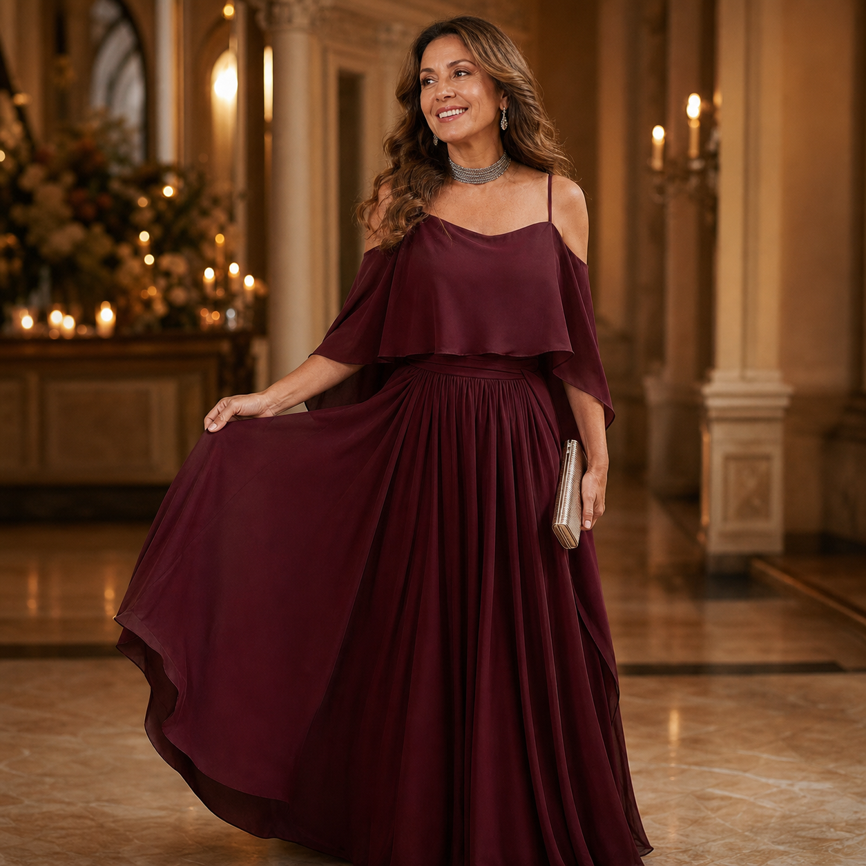 Tania Persico™ Elegancka sukienka maxi z wycięciami na ramionach dla puszystych