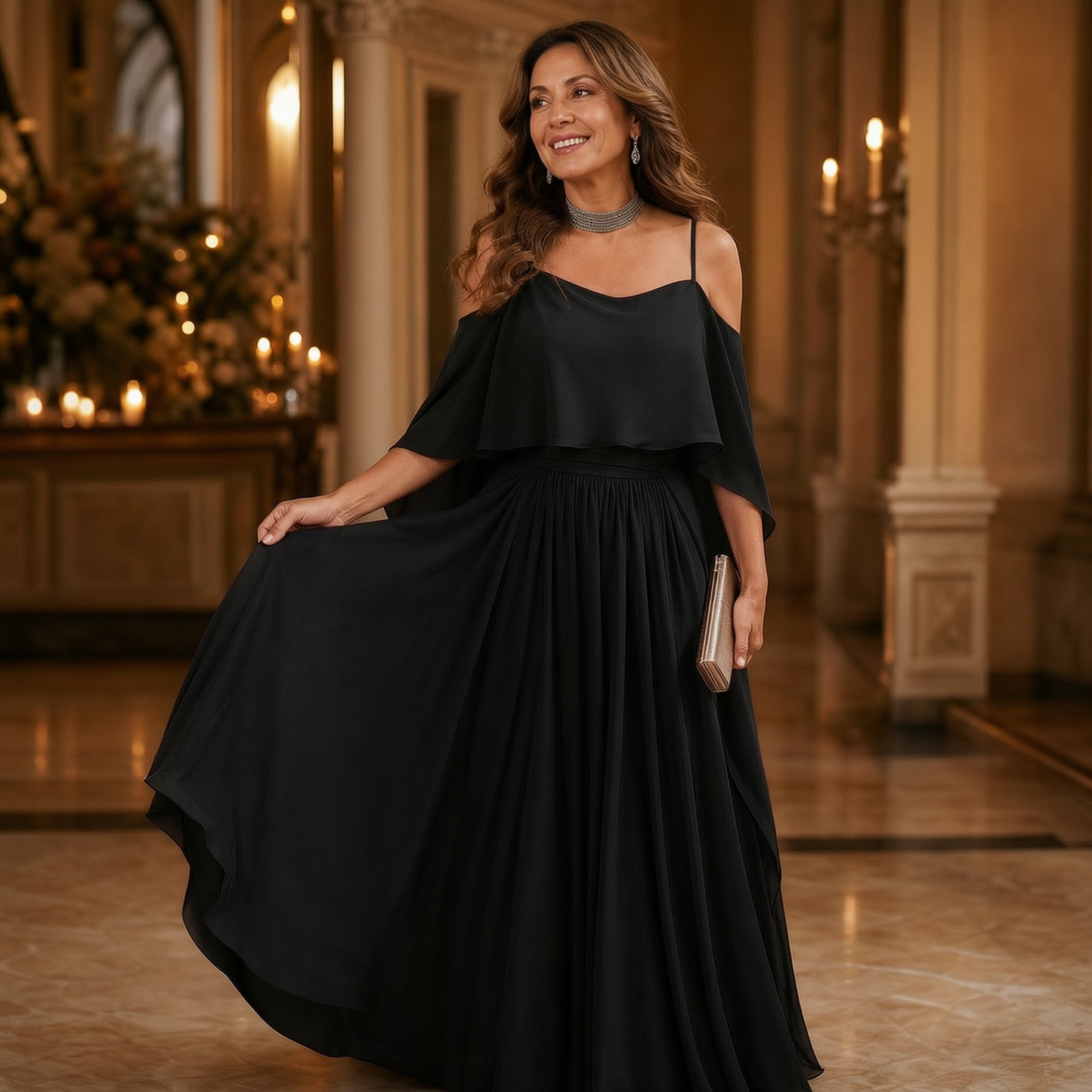 Tania Persico™ Elegancka sukienka maxi z wycięciami na ramionach dla puszystych