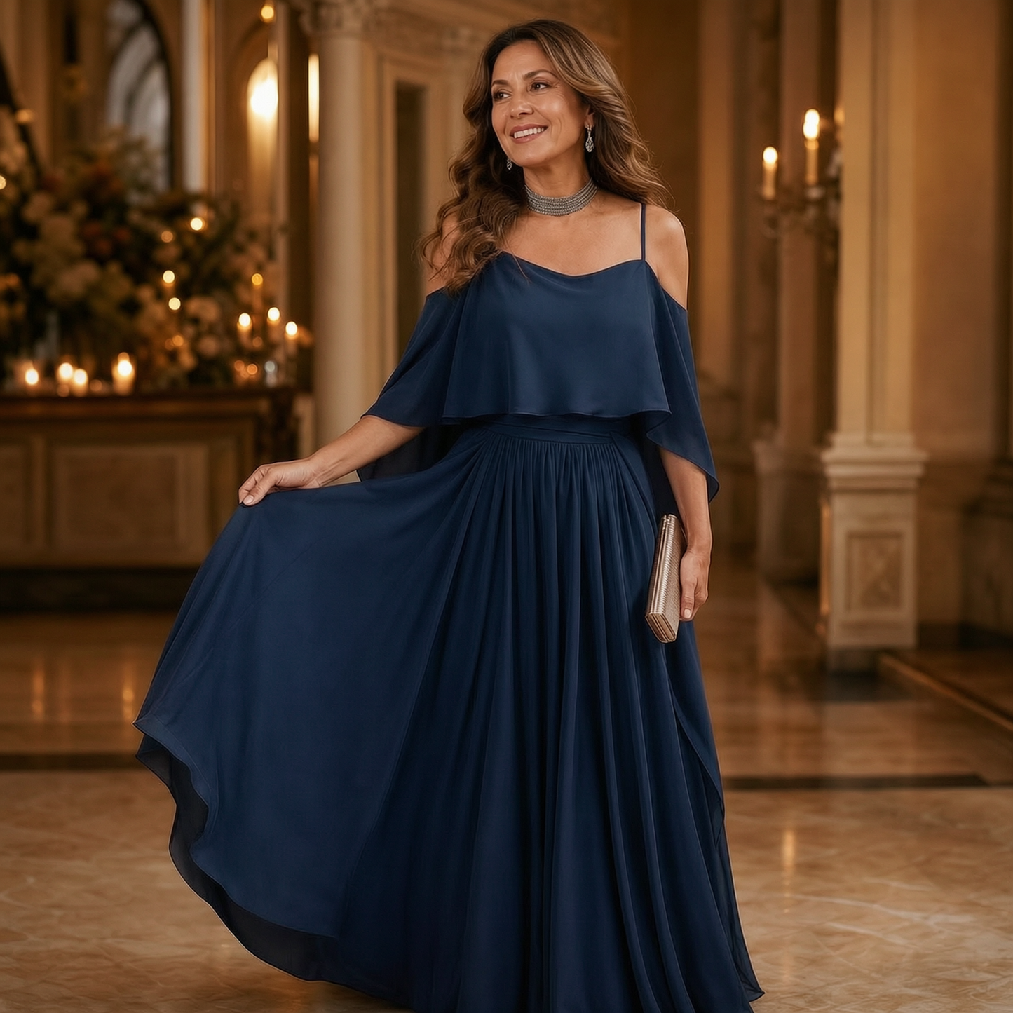 Tania Persico™ Elegancka sukienka maxi z wycięciami na ramionach dla puszystych