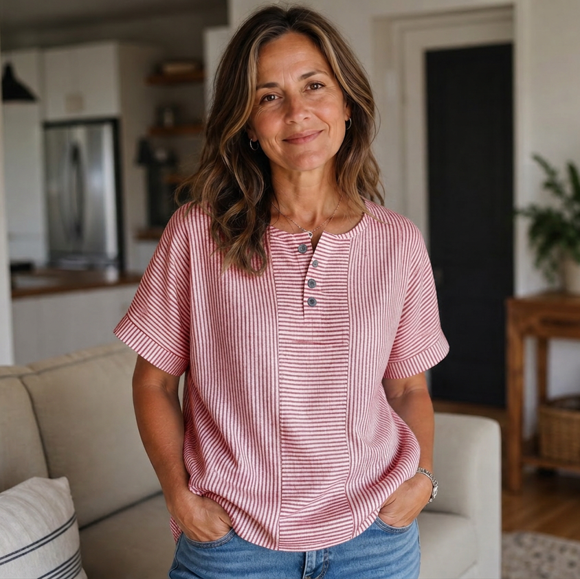Teodora Filippelli™ Casualowa bluzka w paski henley do stylizacji bez wysiłku