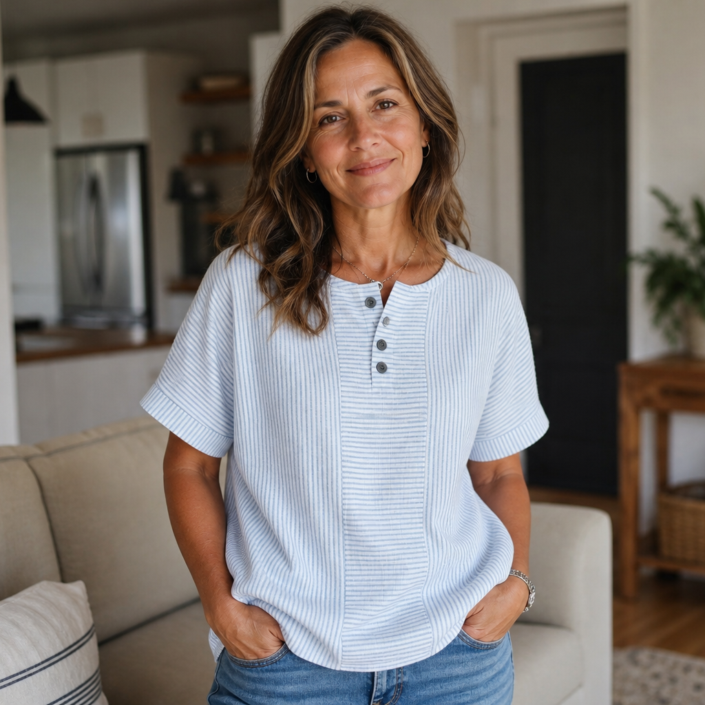Teodora Filippelli™ Casualowa bluzka w paski henley do stylizacji bez wysiłku